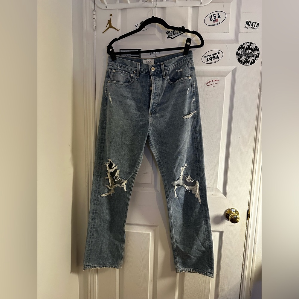 New Agolde Light Blue Distressed Straight Jeans